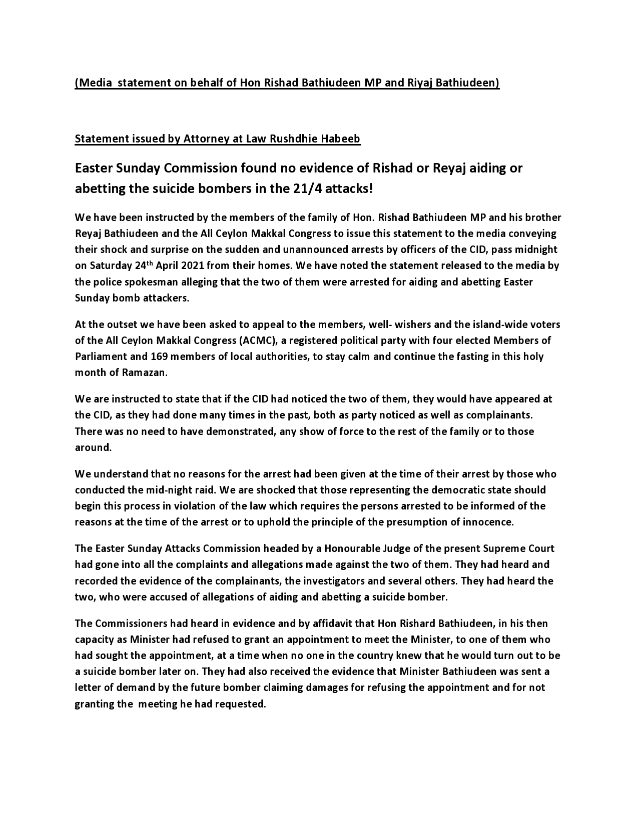 Media statement on behalf of Hon Rishard Bathiudeen MP and Riyaj Bathiudeen page0001